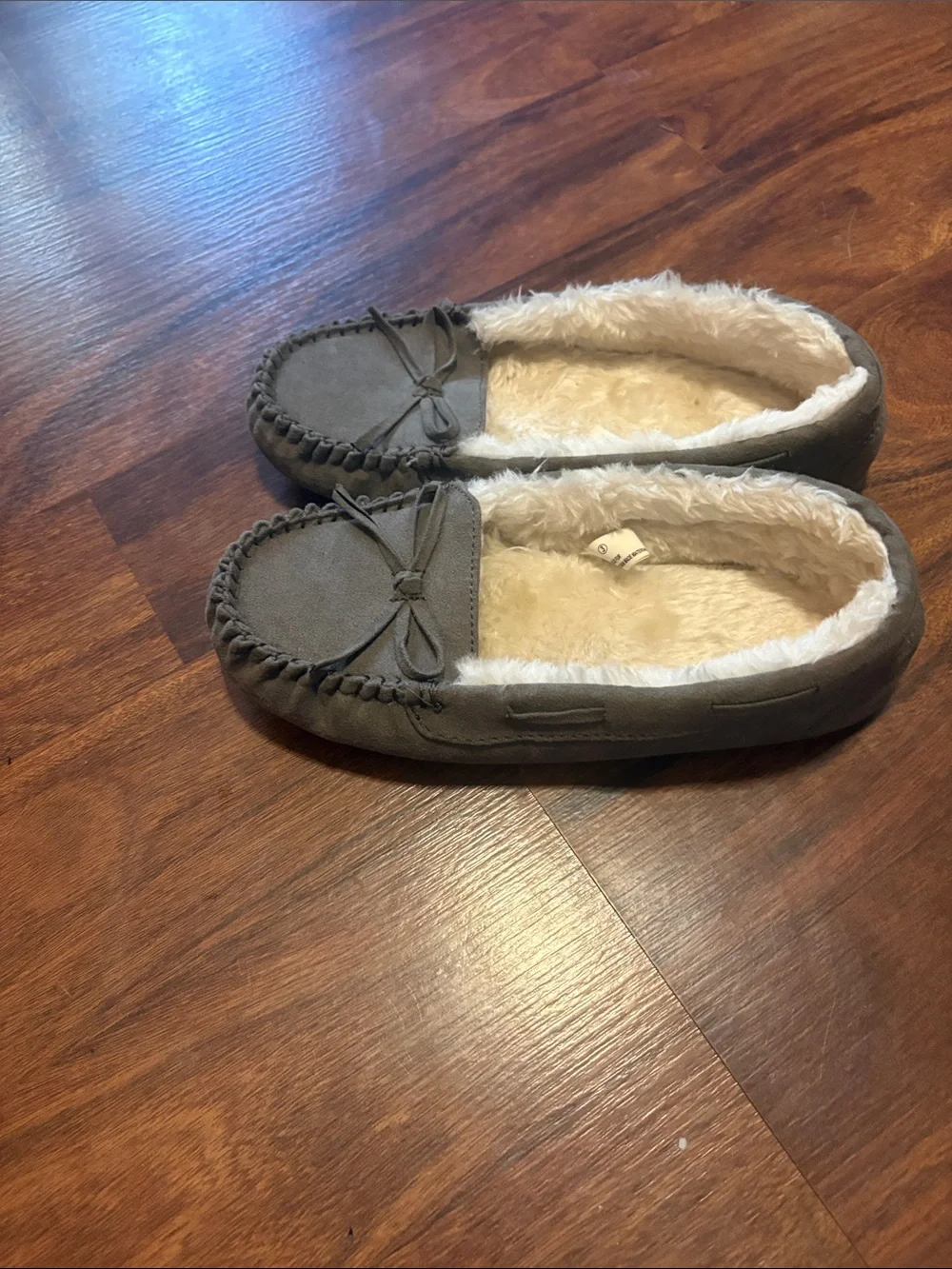 Faux-Suede Cozy Moccasin Slippers in Gray